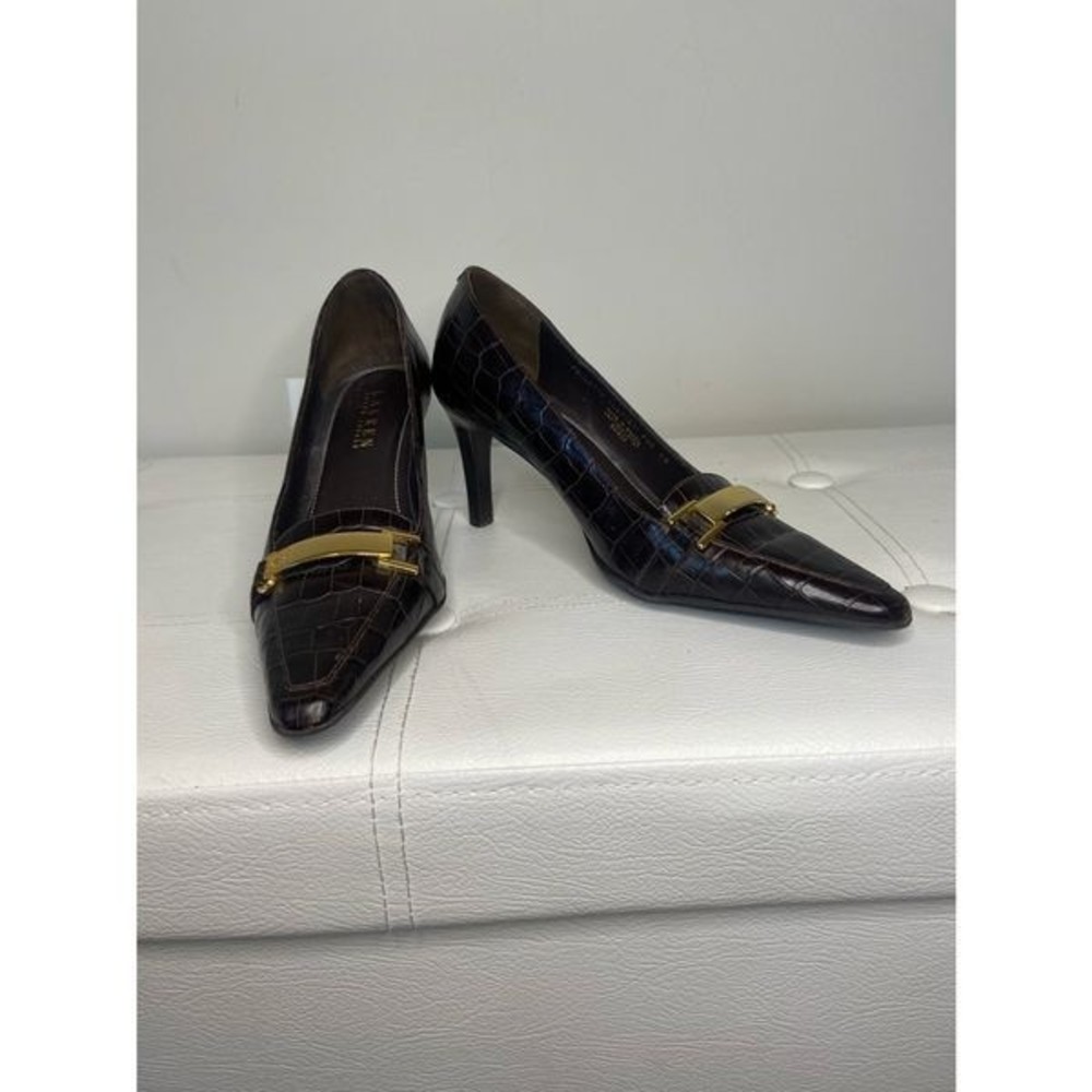 Lauren Ralph Paulette Alligator Croc Safari Brown Heels Sz 6 B Gold Buckle Logo